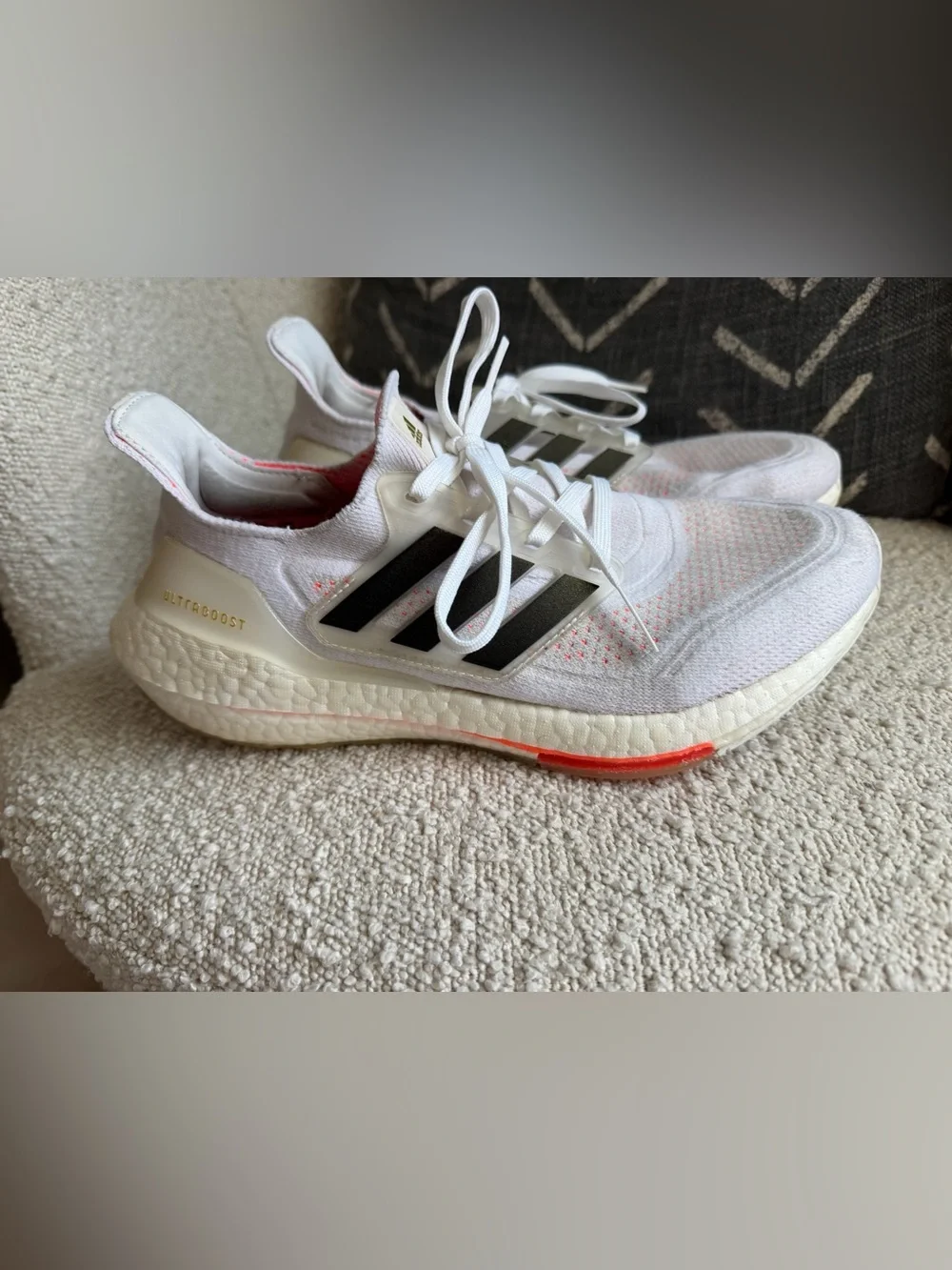 adidas ultra-boost  White Sneakers with Black Stripes and Coral Accents 8.5